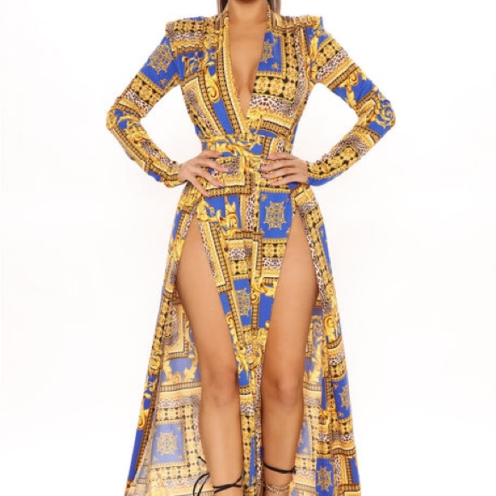 Fashion Nova Blue and Gold Patterned Maxi Dress - Picture 4 of 13